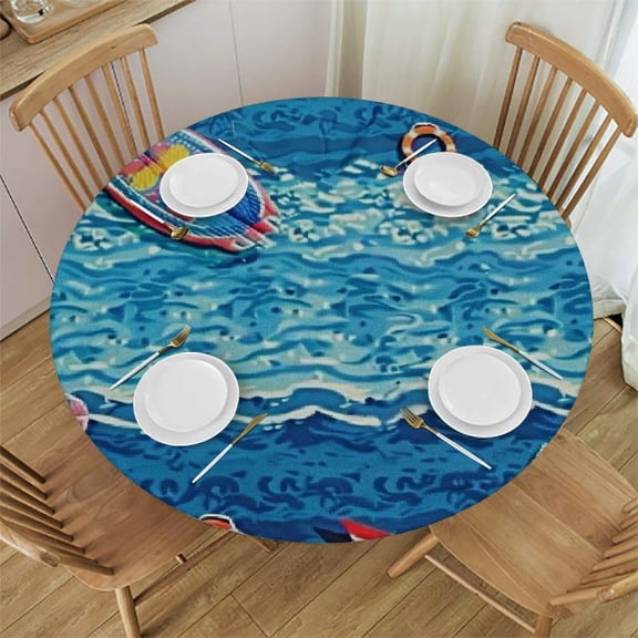 HAOXIT Anchor Tablecloth, Anchor Art Ocean Sailboat Wheel Sea Life Ocean Waves Marine Theme Boys and Girls, Round Table Cover for Dining Room Kitchen Decor