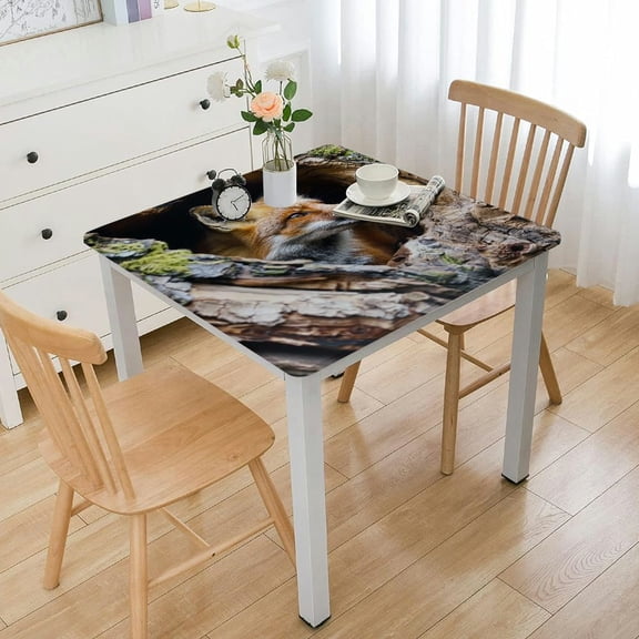 HAOXIT Animal Tablecloth, Forest Nature with Hazel Eyes in a Wooden Carved Tree with Moss Art Print, Rectangular Table Cover for Dining Room Kitchen Decor 44''x44''