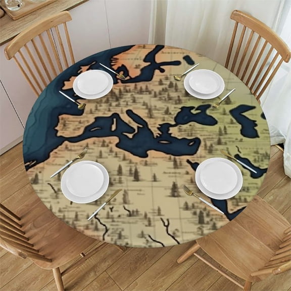 HAOXIT Antique Tablecloth, Map of World History Stained Paper Vintage , Round Table Cover for Dining Room Kitchen Decor