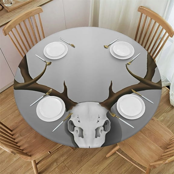 HAOXIT Antler Decor Round Fitted Tablecloth,Deer Skull with Large Horns Print Elastic Edged Polyester Tablecover, Fits Round Table, Protection for Your Table,Brown White Grey 42"-46