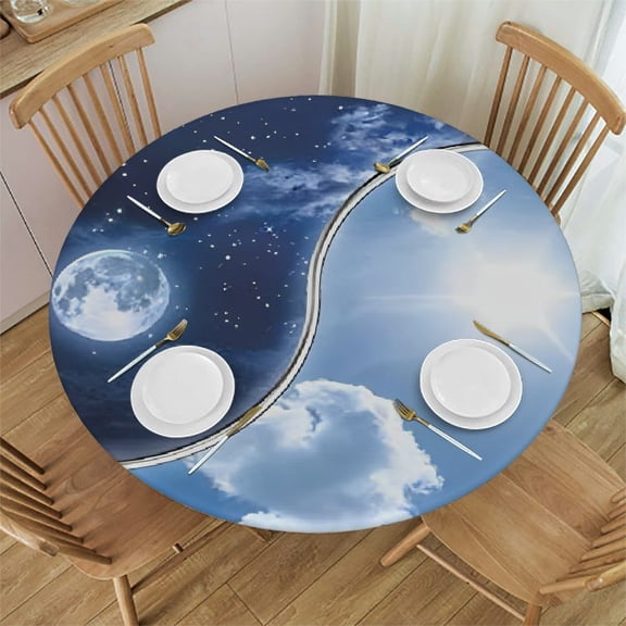 HAOXIT Apartment Decor Round Fitted Tablecloth,Yin Yang World with Moon Print Elastic Edged Polyester Tablecover, Fits Round Table, for Dining Banquet,Navy Blue Sky Blue White 31"-35
