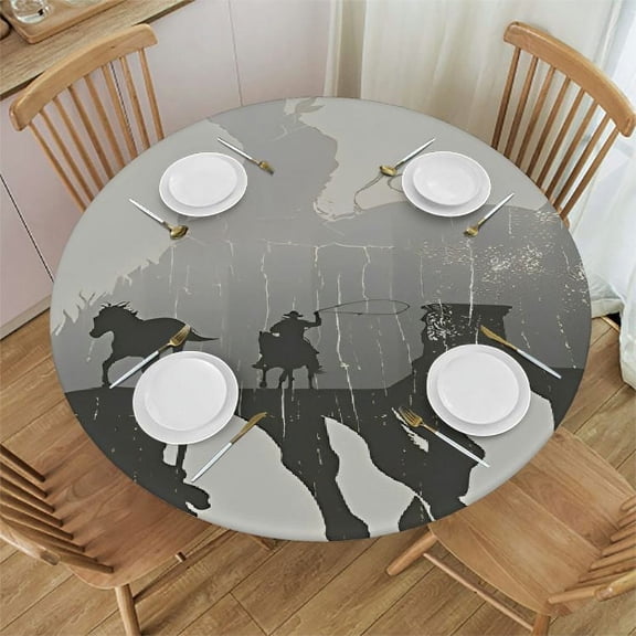 HAOXIT Apartment Decor Round Tablecloth Fitted,Western Theme Cowboy Chasing Wild Print Elastic Edged Polyester Table Cloth, Fits Round Table , for Dining Banquet,Dust and Black 31"-35