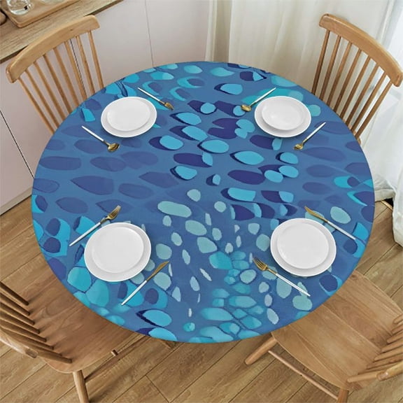 HAOXIT Aqua Round Fitted Tablecloth,Animal Pattern Tropical Fish Skin Print Elastic Edged Polyester Table Pad, Fits Round Table , for Dining Banquet,Violet Blue Aqua 31"-35