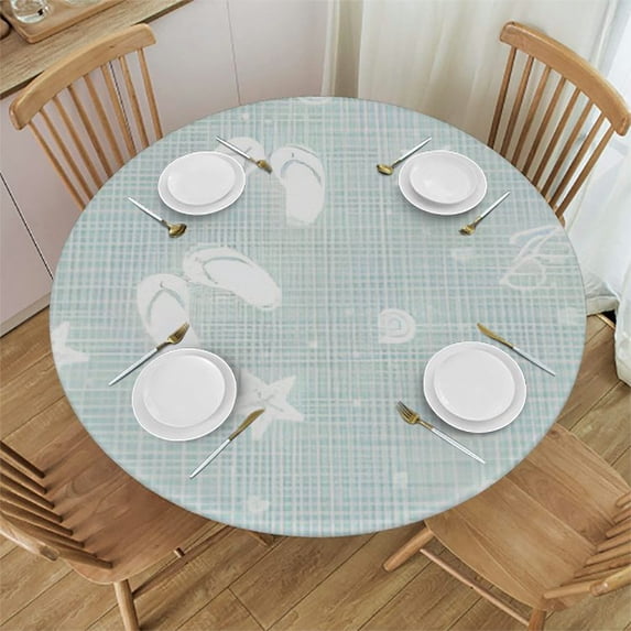 HAOXIT Aqua Round Fitted Tablecloth,Beach Theme Sea Shells Starfishes Print Elastic Edged Polyester Tablecover, Fits Round Table, for Dining Banquet, and White 31"-35