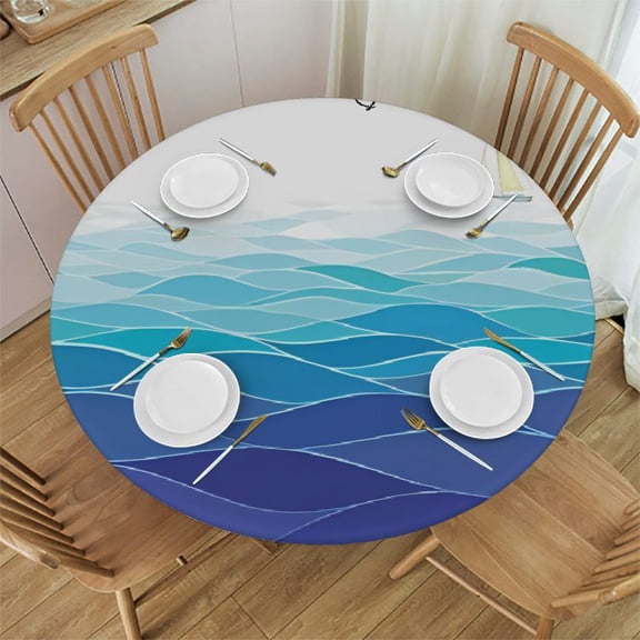 HAOXIT Aqua Round Fitted Tablecloth,Graphic Ocean Waves Sailboat Print Elastic Edged Polyester Table Pad, Fits Round Table, for Dining Banquet,Navy Blue Aqua White 38"-42