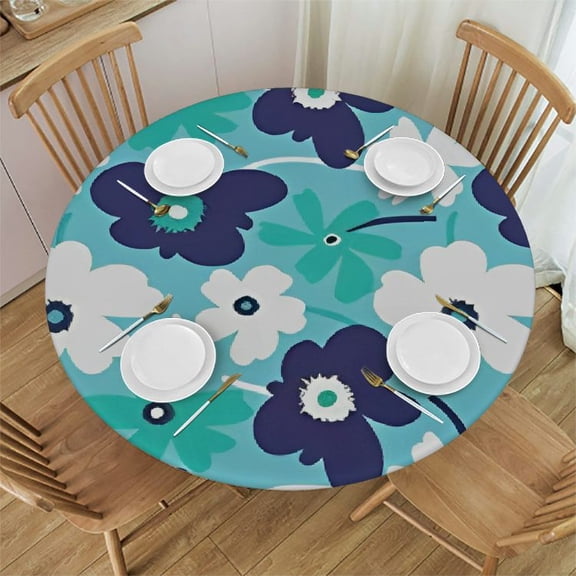 HAOXIT Aqua Round Fitted Tablecloth,Spring Flowers on Blue Backdrop Print Elastic Edged Polyester Table Pad, Fits Round Table , for Dining Banquet,Multicolor 31"-35