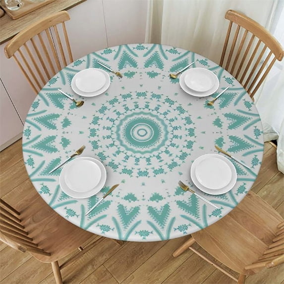 HAOXIT Aqua Round Tablecloth Fitted,Mandala Tribal Design Tie Dye Print Elastic Edged Polyester Table Cover, Fits Round Table, for Dining Banquet,Sea Green White 54"-58