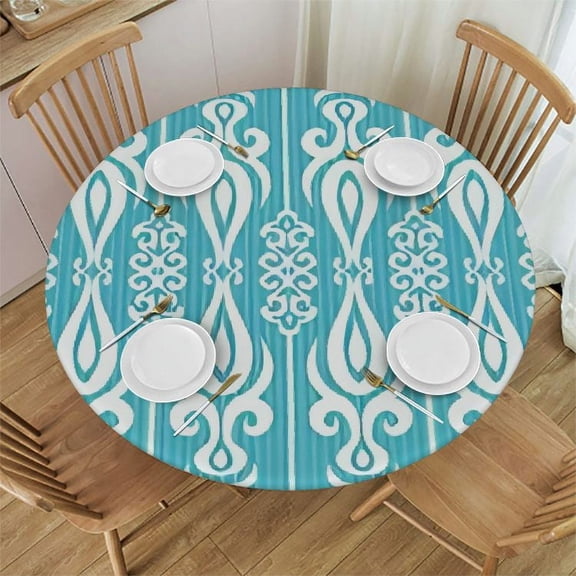 HAOXIT Aqua Round Tablecloth Fitted,Oriental Victorian Ancient Style Round Print Elastic Edged Polyester Table Cloth, Fits Round Table , for Dining Banquet,Turquoise and Blue 31"-35