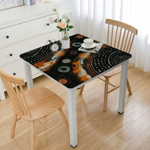 HAOXIT  Australian Aboriginal Square  Tablecloth Orange Dotted Circles Table Cloths Waterproof Table Cover for Wedding Party Dining Holiday Banquet 46*46
