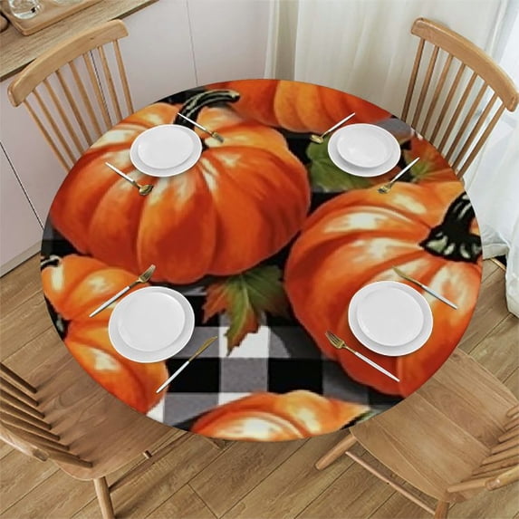 HAOXIT Autumn Pumpkins Checkerboard Tablecloth with Elastic Edge, Round Table Cloth Happy Thanksgiving Washable Reusable Table Cover for Kitchen Dining Party Picnic 38-42