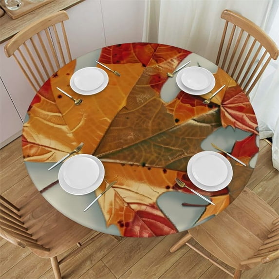 HAOXIT Autumn Round Tablecloth  - Colorful Maple Leaf Table Cloth Decorative Fall Botanical Leaves Pattern Table Cover for Kitchen Indoor Outdoor Use 38-42