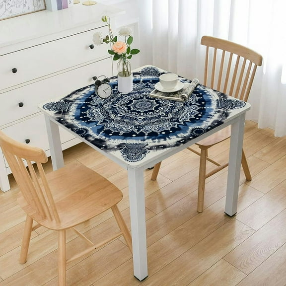 HAOXIT Batik Bloom Cotton Tablecloth and One Gray Napkin, Kitchen Dining Table Cloth, Table Cover for Indoor and Outdoors, Shadow Blue 54''x54''