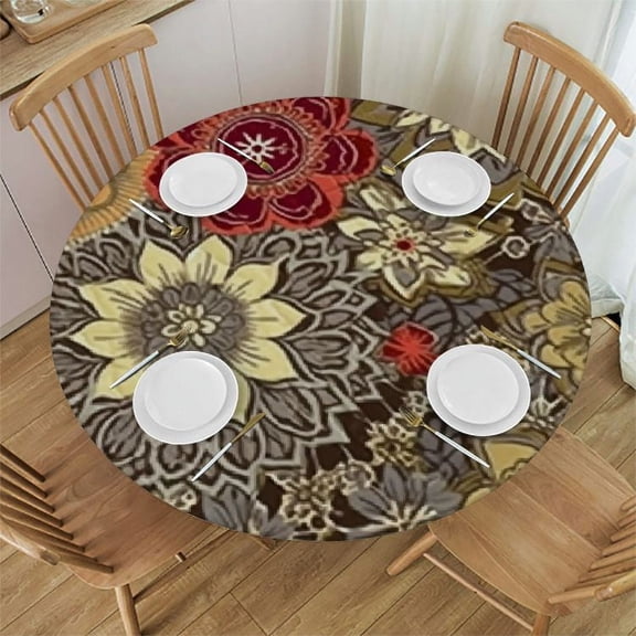 HAOXIT Batik Tablecloth, Vintage Paisley Forms with Batik Style Flowers and Circles Moroccan Persian Patterns, Round Table Cover for Dining Room Kitchen Decor