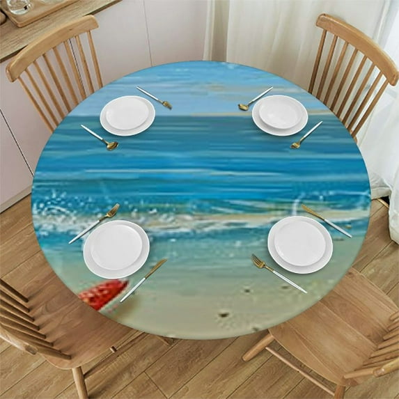 HAOXIT Beach Pattern Round Table Cover,Elastic Edge,Waterproof Wipeable Round Table Cover for Indoor Outdoor Patio Use,Multicolor 42-46