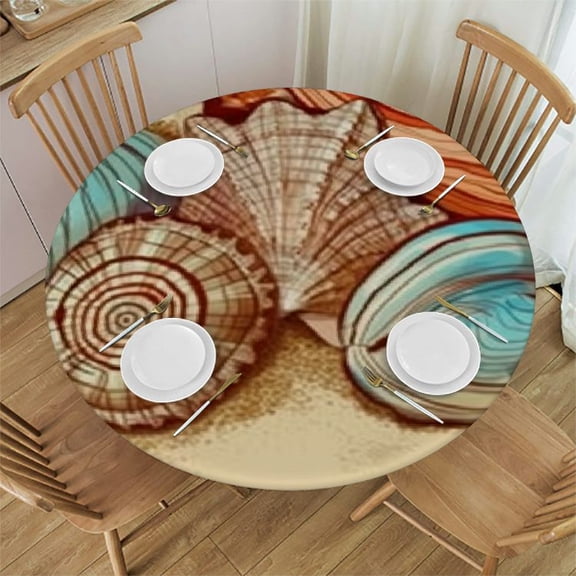 HAOXIT Beach Pattern Table Cloth Cover,Elastic Edge,Suitable for Catering and Kitchen Can Wipe Dining round Table coverr,Cream Red,for Round Tables 54-58