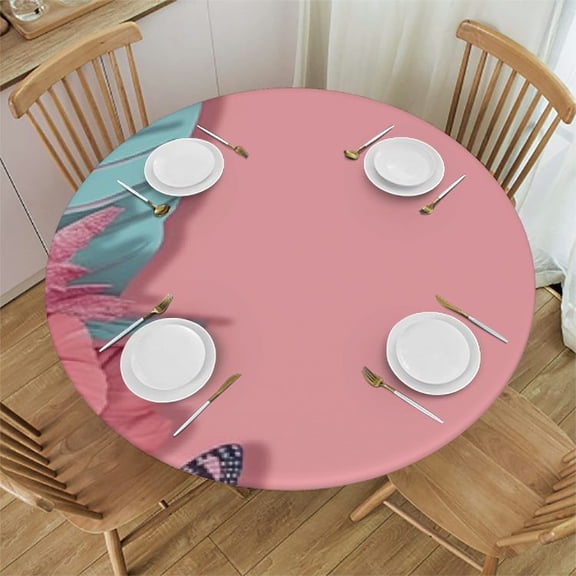 HAOXIT Beach Pattern Table Cloth Cover,Elastic Edge,Suitable for Catering and Kitchen Can Wipe Dining round Table coverr,Pale Pink,for Round Tables 42-46