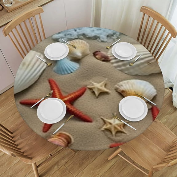 HAOXIT Beach Round Fitted Tablecloth, Sea Shells on Sandy Coast Tropical Island Shore Summertime Travel, Elastic Edge, Can Wipe Indoor/Outdoor Dining Table Cover, Fit for Round Table Beige Cream 31-35