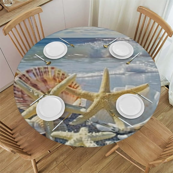 HAOXIT Beach Seashell Starfish Round Tablecloth Washable Summer Circular Polyester Table Cloths Cover  Tablecloth for Kitchen Dinning Tabletop Decoration 42-46