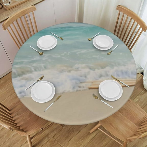 HAOXIT Beach Shells Scenery Summer Coastal Round Tablecloth Waterproof Wipeable Tablecloth Cover Home Restaurant Kitchen Picnic Party Decoration Circular Tablecloth 54-58