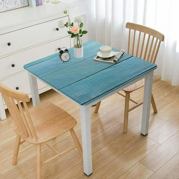 HAOXIT Beach Wooden Square Tablecloth with Elastic Edge,Summer Teal Turquoise Fitted Table Cloth Waterproof Wipeable Square Table Cover for Dining Kitchen Party Indoor Outdoor Patio Table 60''x60''