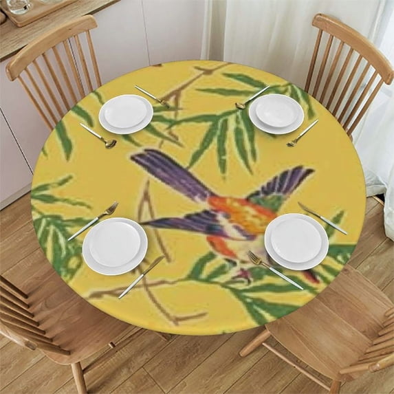 HAOXIT Birds Wicker Tablecloth Round Leaves Chinese Style Countryside Yellow Waterproof Wipeable Table Cloth Cover Table Pad Cover for Dining Room Fitted Table 54-58