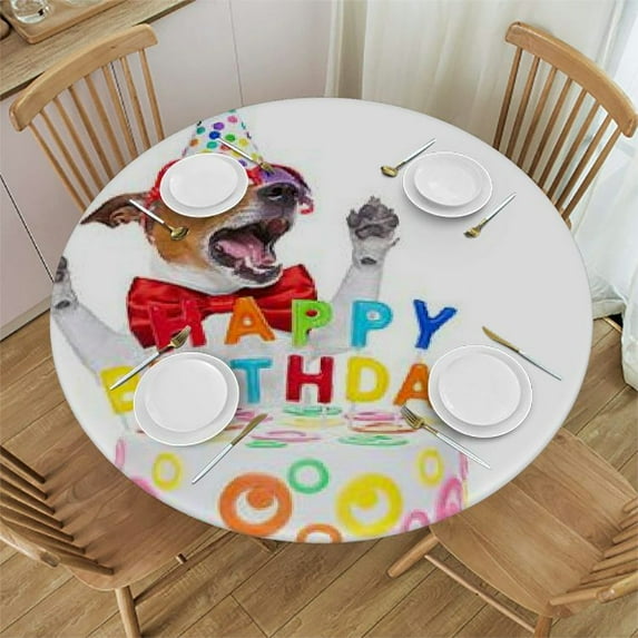 HAOXIT Birthday Party Tablecloth, Sleepy French Bulldog with Candles Cone Hat Celebration Image, Round Table Cover for Dining Room Kitchen Decor