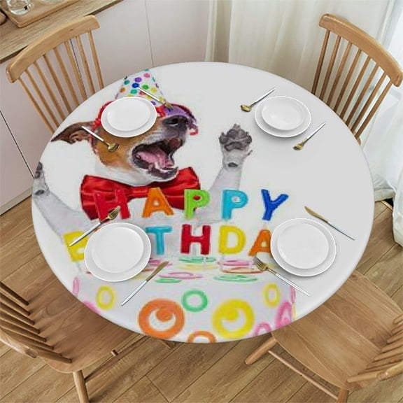 HAOXIT Birthday Party Tablecloth, Sleepy French Bulldog with Candles Cone Hat Celebration Image, Round Table Cover for Dining Room Kitchen Decor