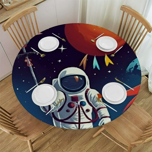 HAOXIT Birthday Tablecloth, Space Lover Theme Astronaut with Party Balloons on Blue Colored Background, Dining Room Kitchen Round Table Cover