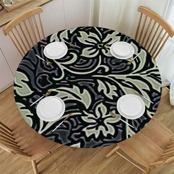 HAOXIT Black Damask Tablecloth Vintage Floral Foliage Baroque Round Table Cloth Protector Proof Table Cover Dark 31-35