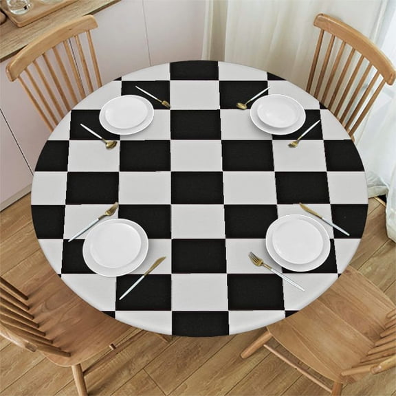 HAOXIT Black and White Plaid Tablecloth for Round Tables , Washable Coffee Table Covers, Soft Reusable Farmhouse Kitchen Table Cloth for Dining Room Party Home Decor 54-58