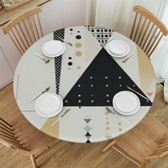 HAOXIT Black and White Triangles, Black Polka Dots Geometric Pattern Round Table Cloth, Circle Table Dinner Tablecloth, Desk Cloth Cover for Home Party Wedding 31-35