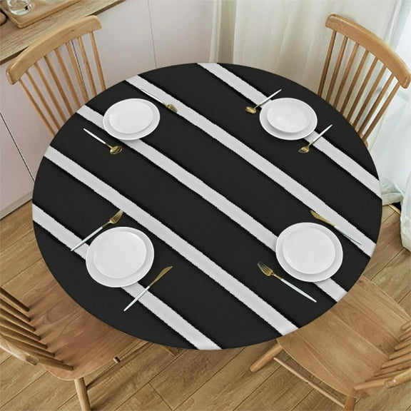 HAOXIT Black and White Line Design Round Fitted Tablecloth with Elastic Edged Table Cover for Round Table 42-46