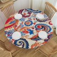 thumbnail image 1 of HAOXIT Block Print for Round Tables and One Napkin Bundle, Kitchen Dining Table cloth, Table cover for Indoors and Outdoors, Red Blue Tan, Round 31-35, 1 of 8