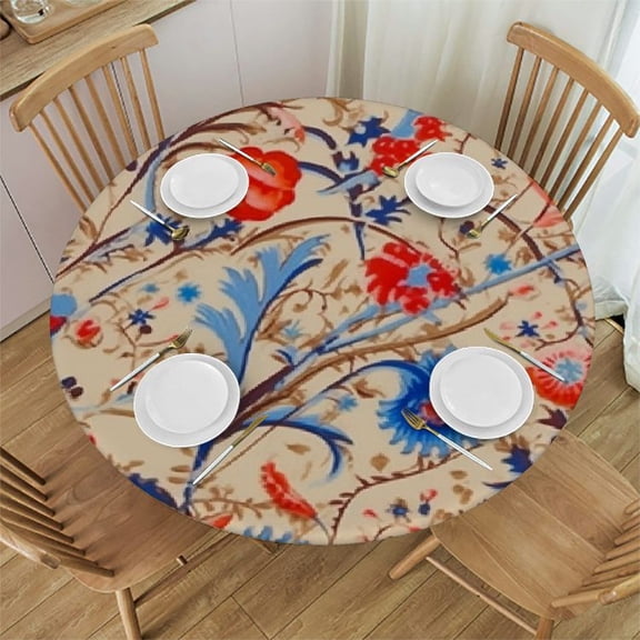 HAOXIT Block Print Tablecloth for Round Tables and One Napkin Bundle, Floral Vine Kitchen Dining Table Cloth, Table Cover for Indoors and Outdoors, Blue Gold Red, Round 31-35