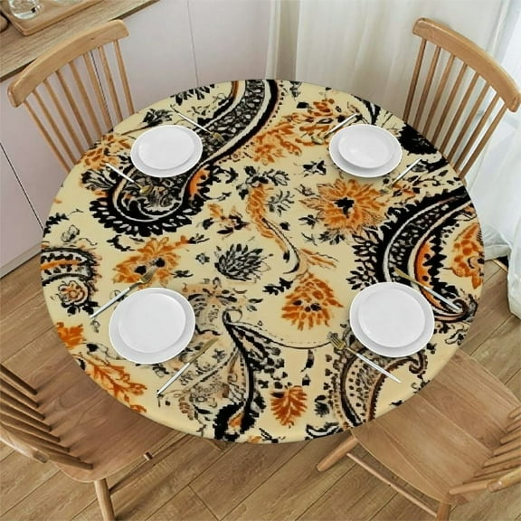 HAOXIT Block Print for Round Tables and One Napkin Bundle, Kitchen Dining Table Cloth, for Indoors and Outdoors, Round 31-35