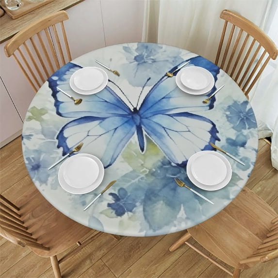 HAOXIT Blue Butterfly Tablecloth for Home Birthday Living Room Kitchen Round Table Cloth Flower Animals Table Cover 46-50