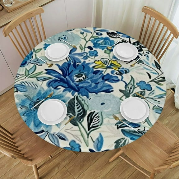HAOXIT Blue Floral Round Tablecloth - Buds Printed Fabric Table Cover Farmhouse Decoration for Kitchen Weddings Indoor and Outdoor Dining 31-35