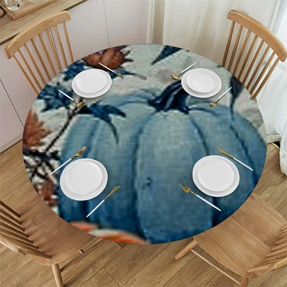 HAOXIT Blue Orange Tablecloth Waterproof for Round Tablecloth Table Cloth Cover Decor for Fall Christmas Wedding Party, Thanksgiving Fall Eucalyptus 54-58