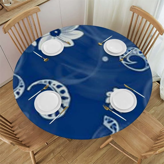 HAOXIT Blue Paisley Tablecloth Round Flower Abstract Pattern Waterproof Wipeable Table Cloth Cover Table Pad Cover for Dining Room Fitted Table 38-42