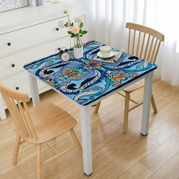HAOXIT  Blue Paisley Tile Bordered Tabletop for Spring Summer Decorations, Picnics and Dinner Parties - Indoor Outdoor, Stain and Water Resistant, Tablecloth 36*36