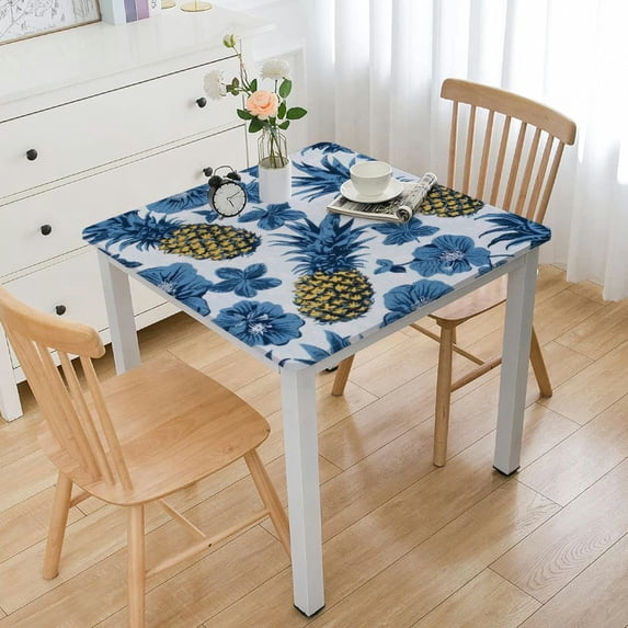 HAOXIT Blue Pineapple Flower Square Fitted Tablecloth, Waterproof Square Table Cloth with Elastic Edged Washable Table Cover for Indoor Outdoor Fits Tables, Medium 52*52