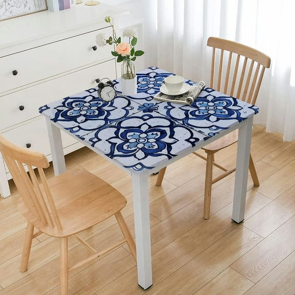HAOXIT Blue Tile Print Indoor/Outdoor Fabric Tablecloth - Medallion Design Soil Resistant, Water Repellent Fabric Tablecloth Square/Rectangular 52*52