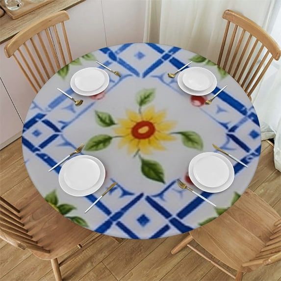 HAOXIT Blue White Plaid Tablecloth Spring Summer, Waterproof Round Table Cloth Washable, Stain Resistant Cloth Table Cover for Party Picnic Dinner Decor (Blue Plaid) 42-46
