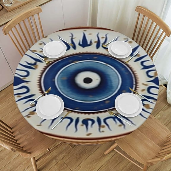 HAOXIT Blue and White Porcelain Print Round Tablecloth Elastic Fitted Table Cover Washable Elastic Edge Tablecloths for Kitchen Dining Party Fitted Table 46-50