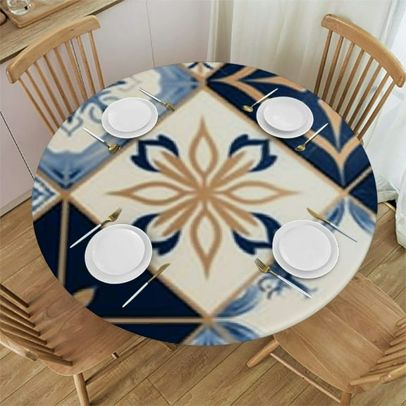HAOXIT Blue and White Tablecloth Round Patchwork Tile Table Cloth Washable Spanish Style Table Cover for Home kitchen Dining Table Decoration Supplies 31-35