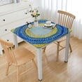 thumbnail image 1 of HAOXIT  Boho Circle Stitch Vinyl Tablecloth with Flannel Backing, Blue, Yellow and Coral Spring and Summer Indoor Outdoor Flannel Backed Vinyl Tablecloth, Square/Rectangle white, 1 of 7