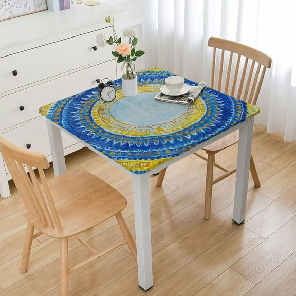 HAOXIT Boho Circle Stitch Vinyl Tablecloth with Flannel Backing, Blue, Yellow and Coral Spring and Summer Indoor Outdoor Flannel Backed Vinyl Tablecloth, Square/Rectangle white