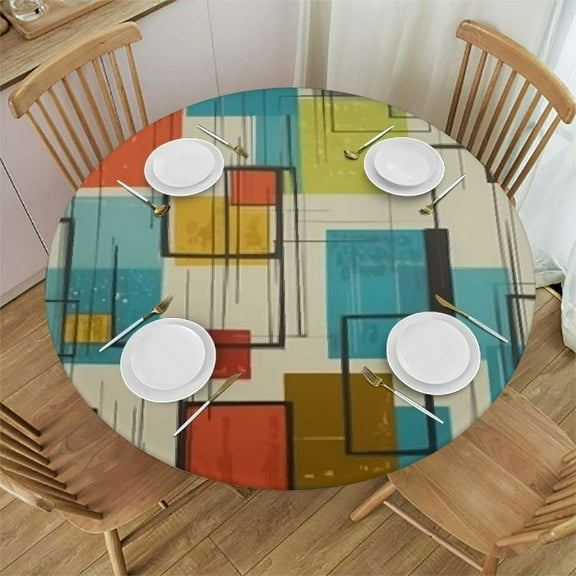 HAOXIT Boho Geometric Tablecloth, Mid Century Modern Retro Minimalism Colorful Print Pattern Table Cloth for Dining Room Party Outdoor Picnic Round 31-35