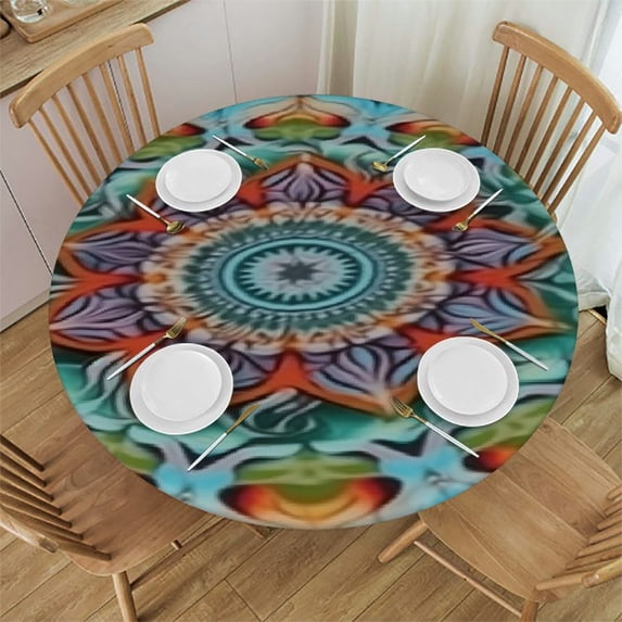 HAOXIT Boho Mandala Blue Colorful Vintage Waterproof Picnic Patio Table Cloth Cover Decorations Fabric Circular Tablecloth for Home Dining Room Kitchen Decor 31-35