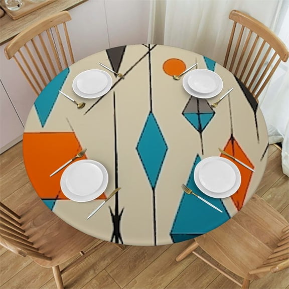 HAOXIT Boho Tablecloth, Mid Century Modern Geometric Atomic Shapes Orange Blue Pattern Table Cloth for Kitchen Holiday Dinner Hotel Restaurant,Round 31-35